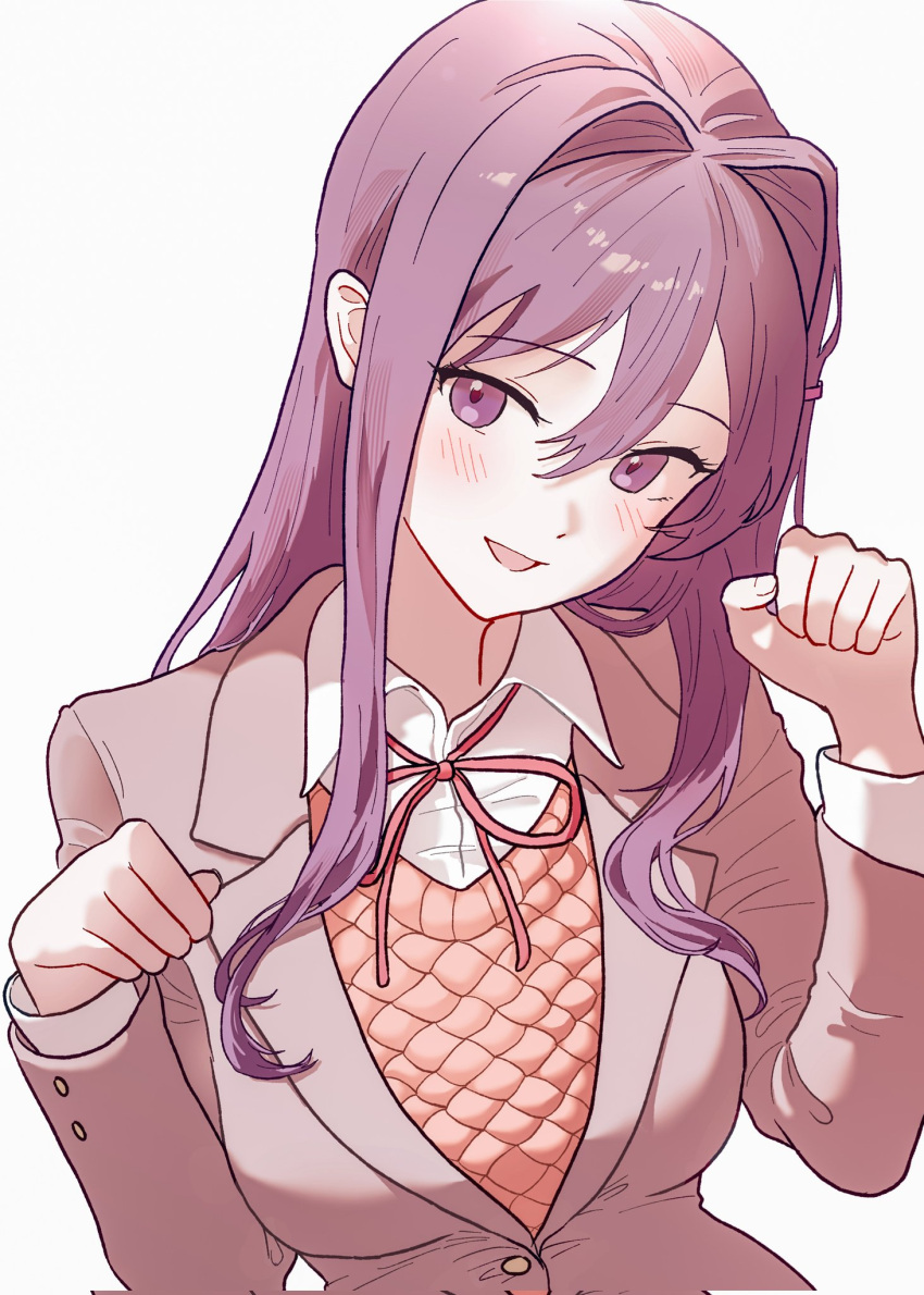 1girl blush bow bowtie breasts brown_sweater_vest doki_doki_literature_club dress_shirt eyelashes hair_between_eyes hair_ornament hairclip highres jacket large_breasts long_sleeves looking_at_viewer open_mouth purple_hair red_bow red_bowtie ribbon school_uniform shirt simple_background smile solo sweater_vest tongue upper_body violet_eyes white_background white_shirt yuna_4568 yuri_(doki_doki_literature_club)