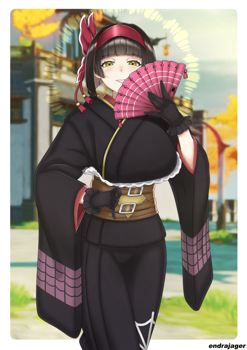 1girl absurdres belt black_gloves black_hair black_kimono blurry blurry_background breasts covering_face endrajager03 eyebrows_hidden_by_hair gloves hairband halo hand_fan highres holding holding_fan japanese_clothes kimono large_breasts lipstick looking_at_viewer makeup mio_(tsuki_ga_michibiku_isekai_douchuu) multiple_belts open_mouth photo_background red_hairband short_hair signature smile solo teeth tsuki_ga_michibiku_isekai_douchuu white_sleeves yellow_eyes