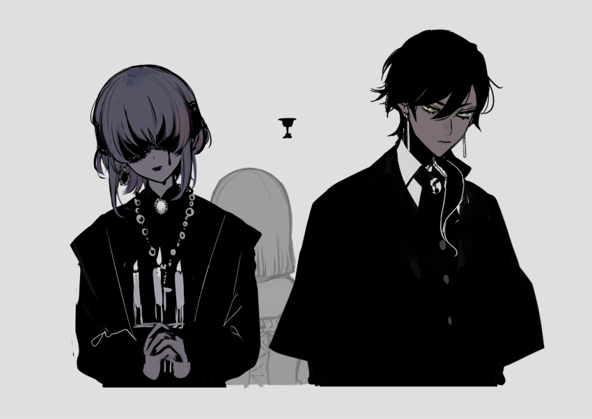 1boy 2girls 7wata_himori black_coat black_lips candelabra candlestand closed_mouth coat collared_shirt dark-skinned_female dark-skinned_male dark_skin eye_mask fate/prototype fate/prototype:_fragments_of_blue_and_silver fate_(series) grey_background hair_between_eyes hassan_of_serenity_(fate) jewelry multiple_girls necklace necktie ozymandias_(fate) sajou_manaka shirt short_hair simple_background upper_body violet_eyes yellow_eyes