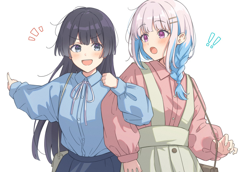 ! !! 2girls :d :o absurdres arms_at_sides bag black_hair black_skirt blue_hair blue_shirt blush buttons collared_shirt cowboy_shot dot_nose ene_mizunoawa grey_eyes grey_skirt hair_ornament hair_over_shoulder hairclip handbag high-waist_skirt highres index_finger_raised lize_helesta locked_arms long_hair looking_at_another low-braided_long_hair low-tied_long_hair multiple_girls neck_ribbon nijisanji notice_lines open_mouth outstretched_arm pink_eyes pink_shirt pointing ribbon shirt shirt_tucked_in side-by-side sidelocks sideways_glance simple_background skirt smile straight_hair suspender_skirt suspenders tsukino_mito v-shaped_eyebrows virtual_youtuber white_background white_hair white_ribbon yuri