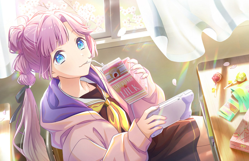 1girl :3 anyoji_hime black_ribbon blonde_hair blue_eyes brown_dress candy chair chupa_chups classroom closed_mouth collarbone curtains desk dress drinking_straw drinking_straw_in_mouth food from_above game_cg gradient_hair gummy_bear hair_ribbon handheld_game_console hasu_no_sora_school_uniform highres holding holding_handheld_game_console holding_milk_carton hood hood_down hooded_jacket indoors jacket link!_like!_love_live! lollipop long_hair long_sleeves looking_at_viewer love_live! medium_dress milk_carton multi-tied_hair multicolored_hair neckerchief official_art on_chair open_clothes open_jacket open_window pink_hair pink_jacket pink_nails pink_petals pleated_dress pocky ponytail ribbon sailor_collar sailor_dress school_chair school_desk school_uniform sidelocks sitting solo strawberry_milk third-party_source two-sided_hood white_sailor_collar window winter_uniform wrapped_lollipop yellow_neckerchief