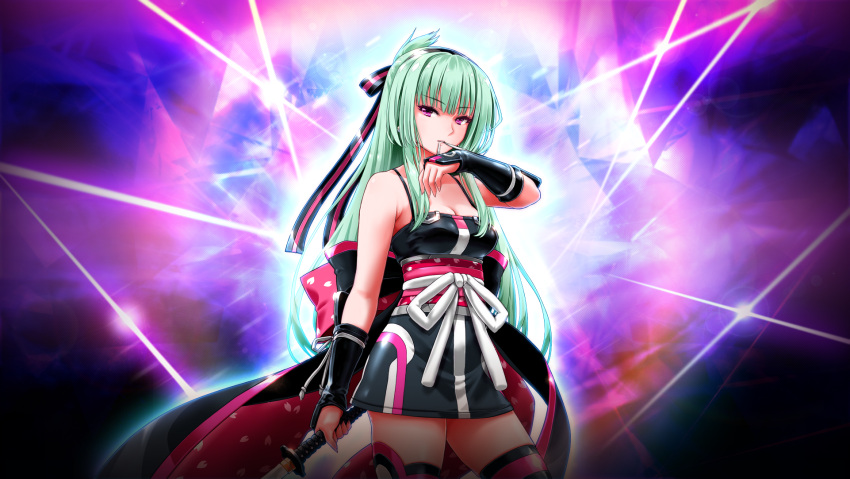 1girl bare_shoulders beatmania_iidx black_hairband breasts fingerless_gloves gloves goli_matsumoto green_hair hairband highres holding holding_sword holding_weapon japanese_clothes long_hair medium_breasts mouth_hold non-web_source obi official_art parted_lips sash saya_(beatmania) solo sword thigh-highs thighs violet_eyes weapon