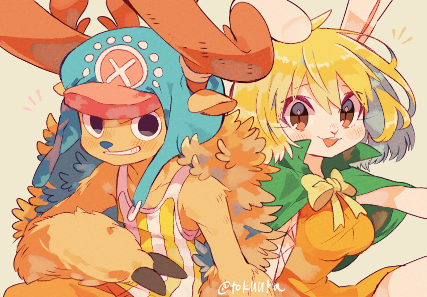 1boy 1girl alternate_form animal_ears antlers blonde_hair brown_eyes cape carrot_(one_piece) close-up commentary cross dress green_cape hat highres horns looking_at_viewer notice_lines one_piece orange_dress rabbit_ears rabbit_girl reindeer_antlers short_hair smile tokuura tony_tony_chopper twitter_username upper_body