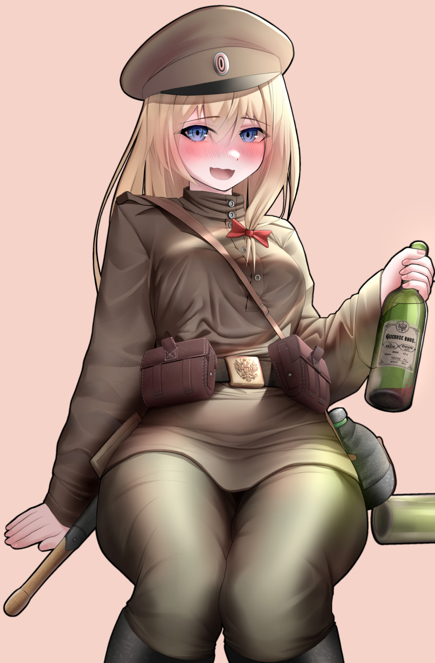 1girl absurdres ammunition_pouch baton_(weapon) belt blonde_hair blue_hair blush boots bottle bow brown_shirt canteen drunk girls_frontline glass_bottle hair_bow hand_on_chair hat highres holding holding_bottle looking_at_viewer military_hat military_uniform mosin-nagant_(girls'_frontline) neptune_zx pouch red_bow russian_clothes shirt sitting solo uniform wariza weapon