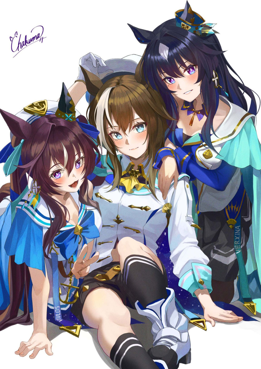 3girls all_fours animal_ears aqua_eyes black_hair boots bow breasts brown_hair chakuma_(yiyh1468) character_name cheval_grand_(umamusume) ear_covers earrings gloves highres horse_ears horse_girl horse_tail jewelry large_breasts long_hair medium_breasts multicolored_hair multiple_girls open_mouth seiza short_hair shorts signature simple_background single_ear_cover sitting tail twintails umamusume v v_sisters verxina_(umamusume) violet_eyes vivlos_(umamusume) white_background white_gloves