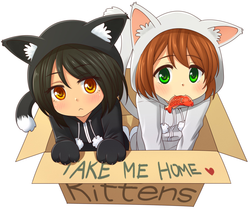 :&lt; :3 animal_costume animal_ears animal_hands animal_hood black_hair blush box brown_hair cardboard_box cat_costume cat_hood child commentary commission english_commentary english_text fake_animal_ears fake_tail fish for_adoption gloves green_eyes highres hood hood_up in_box in_container long_sleeves mouth_hold original painttool_sai_(medium) paw_gloves purdoy25 tail transparent_background