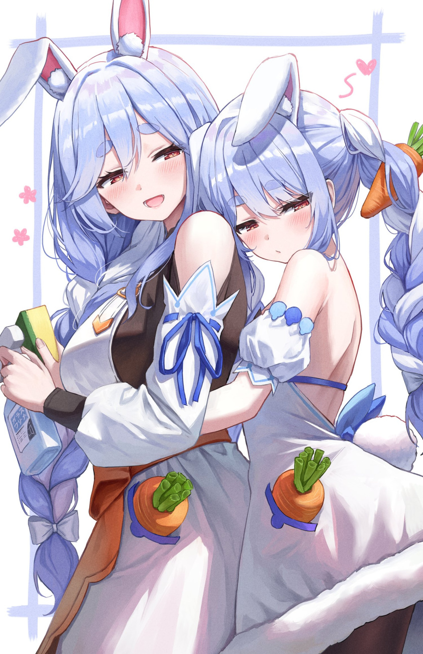 2girls animal_ear_fluff animal_ears apron back bare_shoulders black_bodysuit blue_hair blush bodysuit bottle bow braid braided_ponytail breasts carrot carrot_hair_ornament carrot_in_pocket coat_dress commentary detached_sleeves dress food-themed_hair_ornament from_side hair_between_eyes hair_bow hair_ornament hair_over_shoulder heart highres holding holding_bottle holding_sponge hololive housewife hug hug_from_behind large_breasts long_hair looking_at_another looking_down low-tied_long_hair mature_female mother_and_daughter multicolored_hair multiple_girls open_mouth pantyhose pekomama puffy_short_sleeves puffy_sleeves rabbit_ears rabbit_girl rabbit_tail red_eyes short_eyebrows short_sleeves small_breasts smile sponge spray_bottle strapless strapless_dress superpig symbol-only_commentary tail tail_through_clothes thick_eyebrows twin_braids usada_pekora usada_pekora_(1st_costume) very_long_hair virtual_youtuber white_bow white_dress white_hair