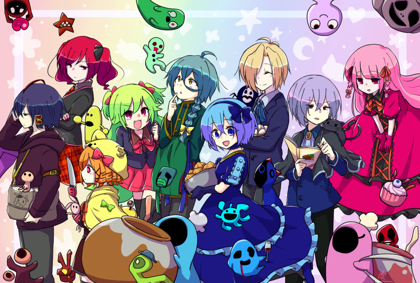 4boys 5girls :3 :o animal animal_ear_hood animal_ears animal_on_shoulder aqua_hair arm_belt ashe_bradley bag belt black_bow black_capelet black_shirt black_suit black_thighhighs blazer blonde_hair blue_bow blue_dress blue_eyes blue_gloves blue_hair blue_hairband blue_jacket blue_ribbon blunt_bangs book bow bowl braid brown_bag brown_belt capelet cat cat_on_shoulder charcoa1 charlotte_(witch's_heart) circle claire_elford clenched_hand collared_shirt creature crescent cupcake dark_blue_hair dress drill_hair elbow_gloves everyone eyeball fake_animal_ears fang food frilled_dress frills gingerbread_man gloves green_bow green_hair green_jacket grey_pants hair_between_eyes hair_bow hair_intakes hair_over_one_eye hairband heart highres holding holding_bag holding_book holding_bowl holding_knife hood jacket knife lime_(witch's_heart) long_hair looking_at_another looking_at_object looking_up multicolored_hair multiple_boys multiple_girls necktie noel_levine open_mouth orange_bow orange_hair orange_ribbon pants pink_bow pink_dress pink_gloves pink_hair pink_nails pink_ribbon plaid plaid_skirt pleated_skirt profile puffy_short_sleeves puffy_sleeves purple_hair purple_hood rabbit_ears rainbow_background red_bow red_eyes red_necktie red_skirt redhead ribbon rouge_(witch's_heart) shirt short_hair short_sleeves single_braid single_hair_tube sirius_gibson skirt smile star_(symbol) streaked_hair suit thigh-highs triangle_mouth twin_braids twintails white_shirt wilardo_adler witch's_heart yellow_bow yellow_capelet yellow_eyes yellow_hood yellow_trim zizel_(witch's_heart)