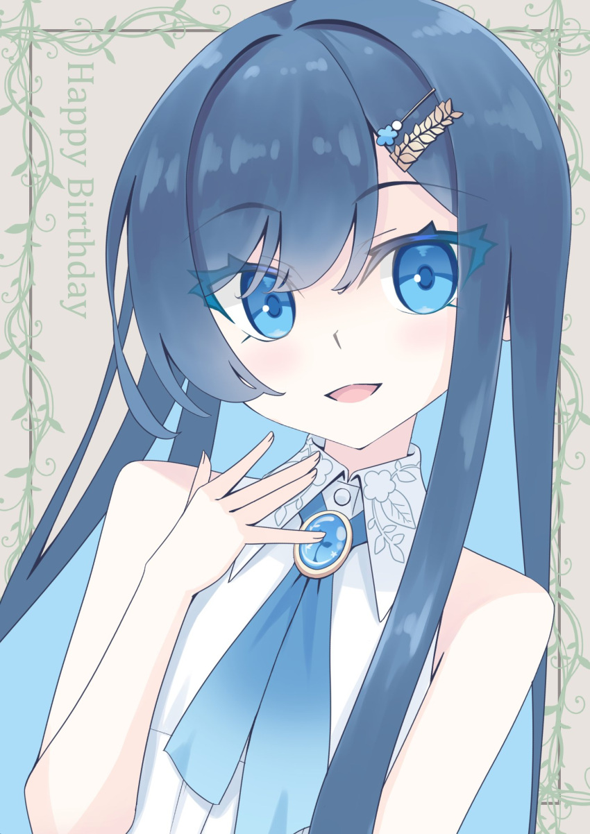 1girl asymmetrical_sidelocks black_hair blue_brooch blue_eyes blue_hair blue_ribbon blush brooch cevio collared_dress colored_inner_hair dress english_text futaba_minato gradient_neck_ribbon hair_ornament hairclip happy_birthday highres jewelry long_hair looking_at_viewer multicolored_hair open_mouth ribbon sleeveless sleeveless_dress solo sumikaze swept_bangs white_dress