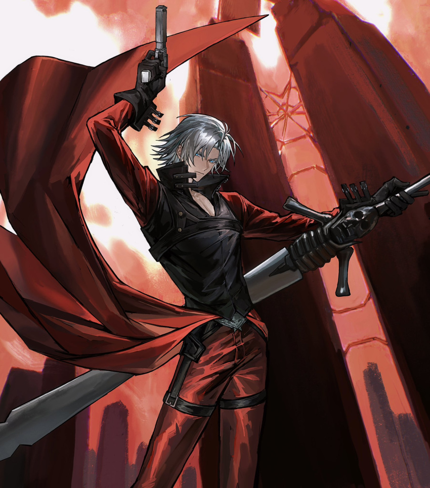 1boy belt bishounen black_gloves blue_eyes bonley closed_mouth dante_(devil_may_cry) devil_may_cry_(series) devil_may_cry_2 ebony_&amp;_ivory gloves gun highres holding holding_weapon male_focus rebellion_(sword) solo sword weapon white_hair