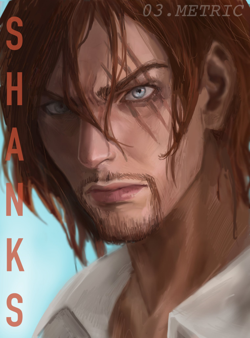 03metric 1boy artist_name beard_stubble blue_eyes character_name closed_mouth commentary english_commentary facial_hair highres looking_at_viewer male_focus mustache_stubble one_piece realistic redhead scar scar_across_eye scar_on_face shanks_(one_piece) shirt short_hair solo stubble white_shirt