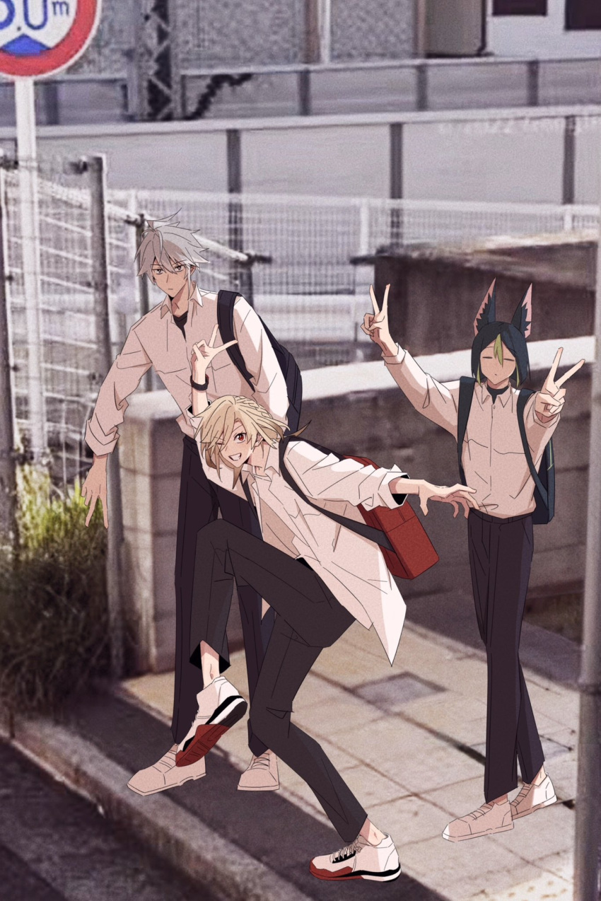3boys alhaitham_(genshin_impact) bag black_hair black_pants blonde_hair closed_eyes collared_shirt double_v genshin_impact high_school_girls_posing_for_google_street_view_(meme) highres kaveh_(genshin_impact) leg_up long_sleeves meme multiple_boys pants school_bag school_uniform shirt short_hair smile teeth tighnari_(genshin_impact) v white_footwear white_hair white_shirt yanqish68125154