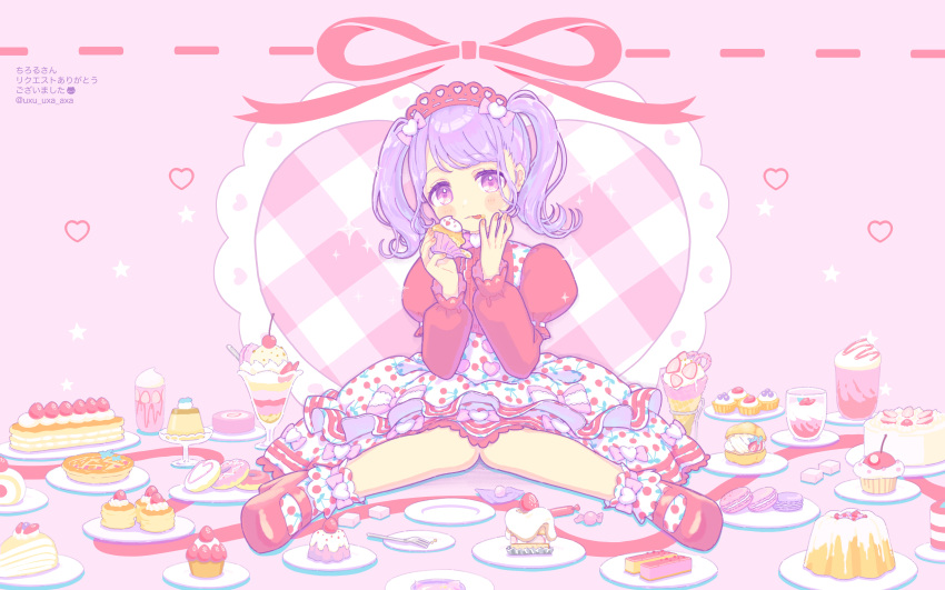 1girl absurdres blush_stickers cake candy cherry commentary commission cupcake doughnut dress empty_plate eyelashes fondue food fork fruit hairband heart highres holding holding_food ice_cream juliet_sleeves licking_lips lolita_fashion lolita_hairband long_sleeves looking_at_viewer macaron muffin original pie polka_dot polka_dot_dress polka_dot_socks puffy_sleeves purple_hair red_shirt shirt skeb_commission solo strawberry strawberry_cake sugar_cube sweet_lolita sweets tongue tongue_out twintails uxu_uxa_axa violet_eyes wrapped_candy