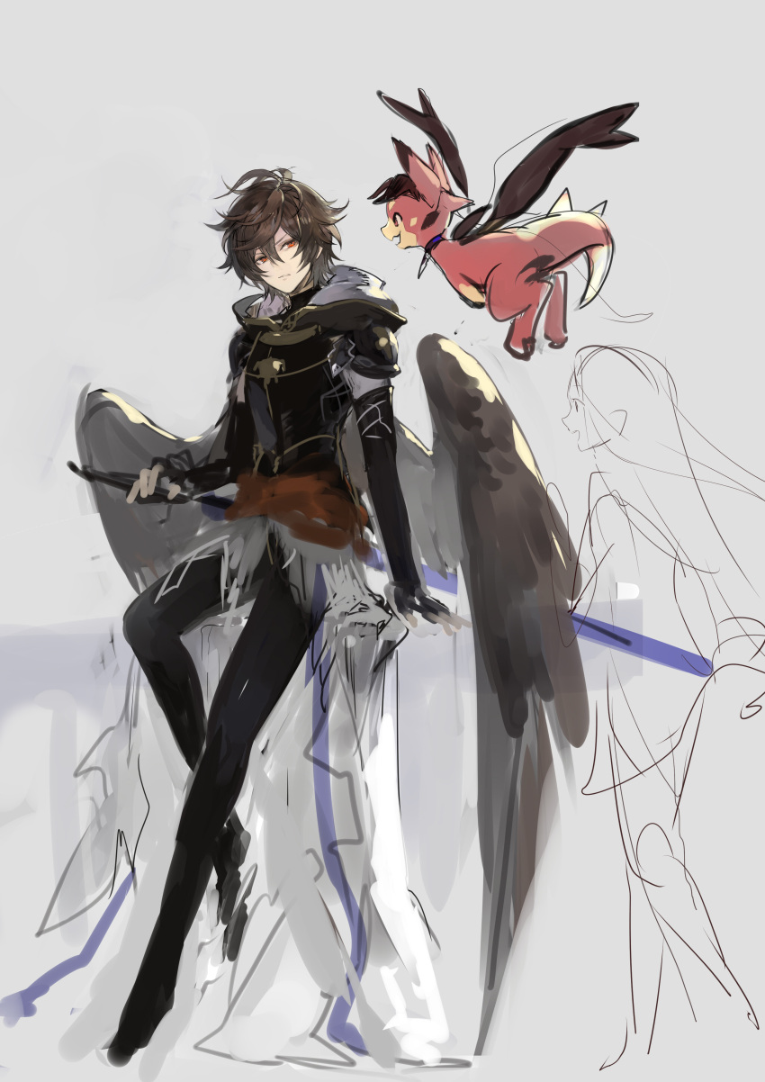 1boy 1girl 1other absurdres ahoge bishounen brown_hair brown_wings cape commentary commentary_request dragon feathered_wings full_body granblue_fantasy hair_between_eyes highres holding holding_sword holding_weapon hood hood_down invisible_chair knee_up leaning_back lyria_(granblue_fantasy) male_focus messy_hair osamu_(jagabata) red_eyes sandalphon_(granblue_fantasy) short_hair sitting sketch sword unfinished vyrn_(granblue_fantasy) weapon white_cape wings