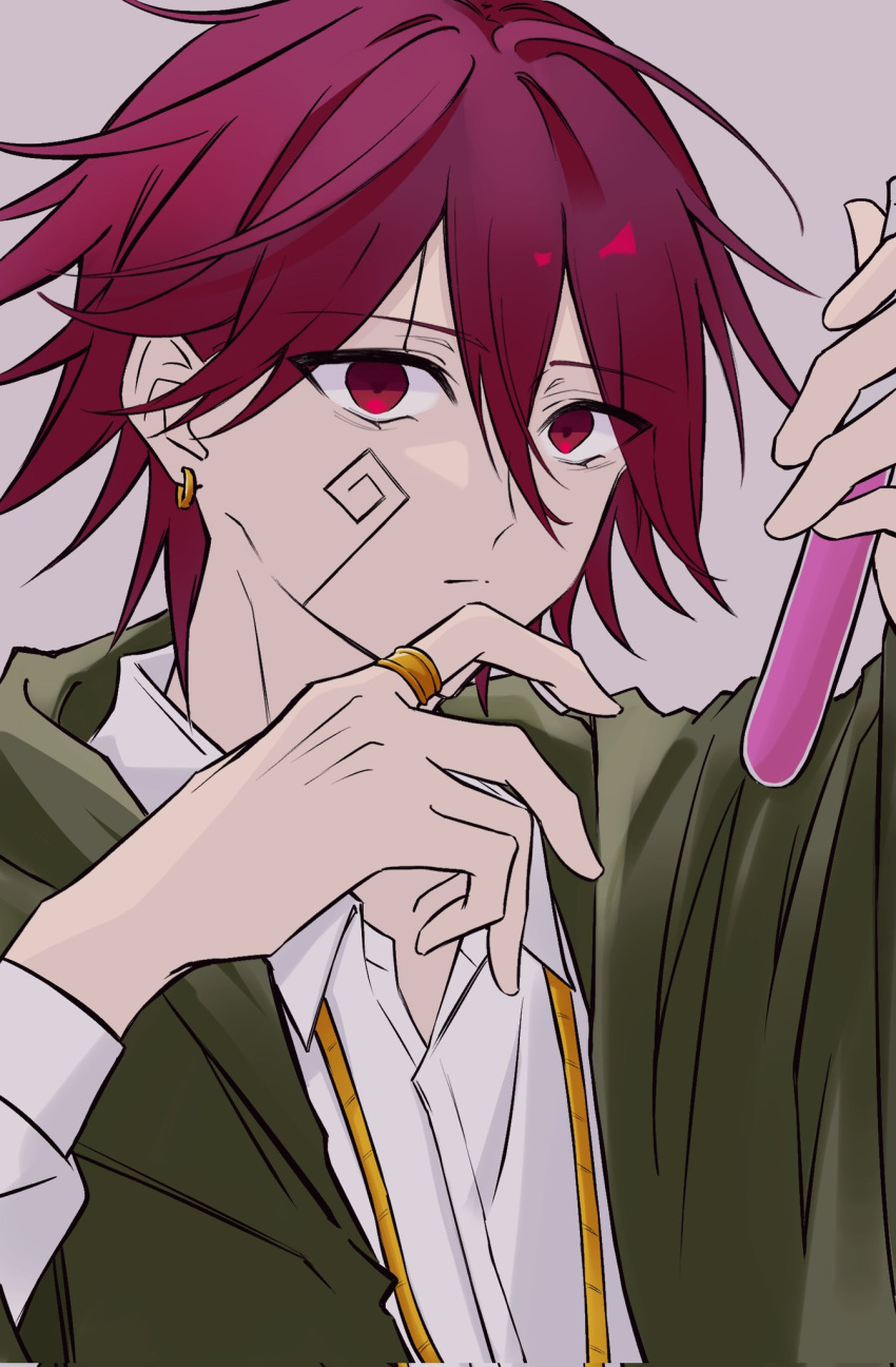 1boy carpaccio_luo-yang closed_mouth collared_shirt earrings facial_mark green_robe highres hiru_3450 jewelry mashle red_eyes redhead ring robe shirt solo spiky_hair test_tube white_shirt