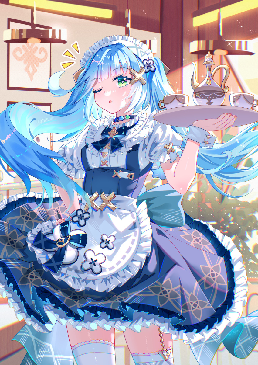 1girl absurdres apron aqua_hair cup faruzan_(cafe)_(genshin_impact) faruzan_(genshin_impact) floating_hair frilled_skirt frills genshin_impact hair_ornament hand_on_own_hip highres indoors long_hair looking_at_viewer maid maid_apron maid_headdress official_alternate_costume one_eye_closed parted_lips shirt short_sleeves skirt symbol-shaped_pupils teacup teapot thigh-highs tray triangle-shaped_pupils twintails viclim-monou white_apron white_shirt white_thighhighs x_hair_ornament zettai_ryouiki