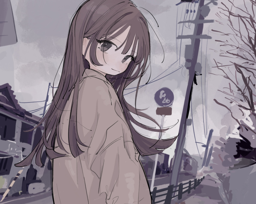 1girl absurdres black_eyes blush brown_hair building closed_mouth clouds cloudy_sky day highres jacket long_hair long_sleeves looking_at_viewer looking_back original outdoors power_lines sign sky solo upper_body utility_pole yunoki_itsugu