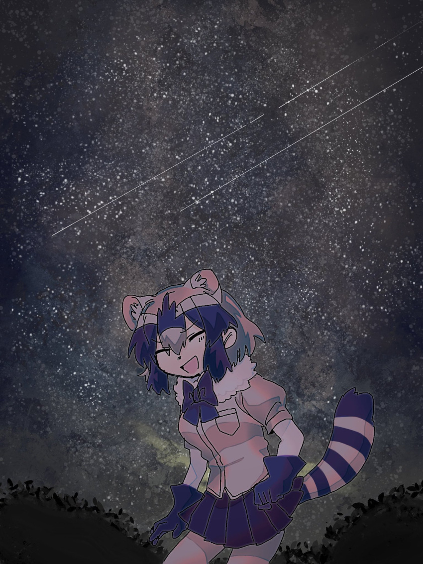 1girl :d ^_^ animal_ears bad_id bad_twitter_id bow bowtie closed_eyes common_raccoon_(kemono_friends) cowboy_shot facing_viewer fur_collar gloves highres inactive_account jmeysan kemono_friends multicolored_hair night night_sky open_mouth outdoors pleated_skirt puffy_short_sleeves puffy_sleeves raccoon_ears raccoon_tail shirt shooting_star short_hair short_sleeves skirt sky smile solo standing star_(sky) starry_sky tail