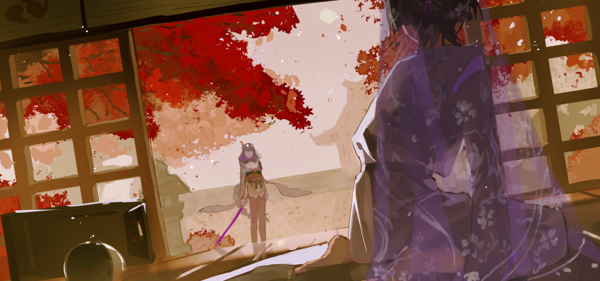1boy 1girl architecture autumn autumn_leaves back barefoot braid doorway east_asian_architecture faceless falling_leaves genshin_impact hair_ornament highres holding holding_sword holding_weapon indoors japanese_clothes leaf long_hair looking_afar looking_at_another looking_to_the_side majike123 maple_tree moon mother_and_son outdoors pov_doorway purple_hair raiden_shogun scaramouche_(genshin_impact) scaramouche_(kabukimono)_(genshin_impact) single_braid sitting standing sword tree veil wariza weapon