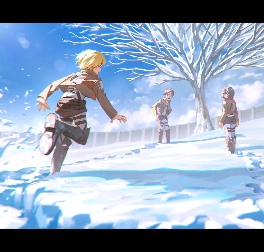 1girl 2boys armin_arlert bare_tree blonde_hair blue_sky boots brown_footwear brown_jacket clouds cropped_jacket day eren_yeager footprints from_side hands_on_own_hips highres jacket knee_boots leg_up letterboxed long_sleeves looking_at_another mikasa_ackerman multiple_boys noinoichebura open_mouth outdoors pants running shingeki_no_kyojin shirt short_hair sky snow standing survey_corps_(emblem) tree white_pants white_shirt winter