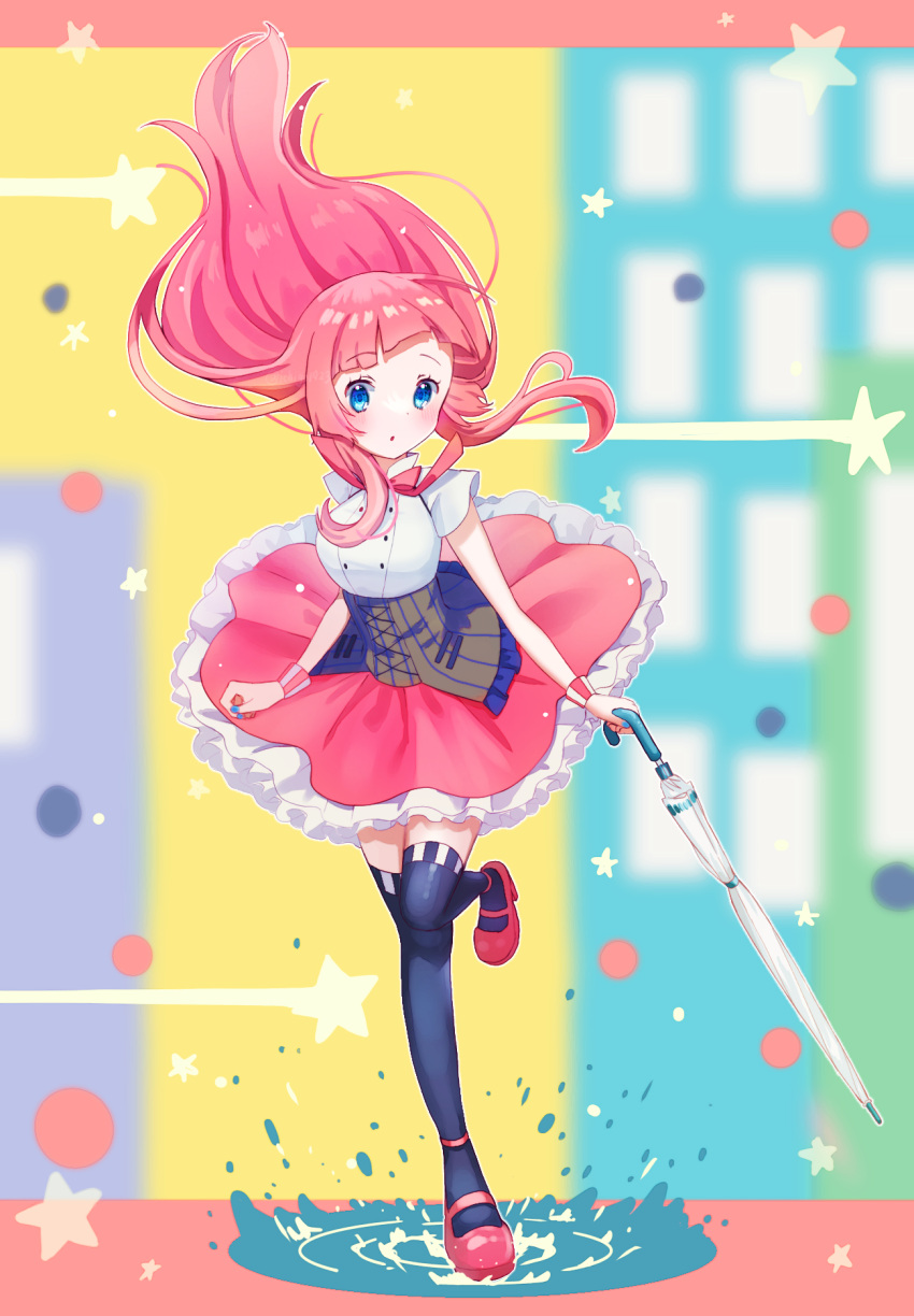 1girl blue_eyes blunt_bangs blush closed_umbrella corset drop_pop_candy_(vocaloid) floating_hair frilled_skirt frills full_body highres holding holding_umbrella ichigo_daifuku_(ichigo1923) long_hair parted_lips pink_hair short_sleeves skirt solo standing standing_on_one_leg star_(symbol) thigh-highs umbrella vocaloid