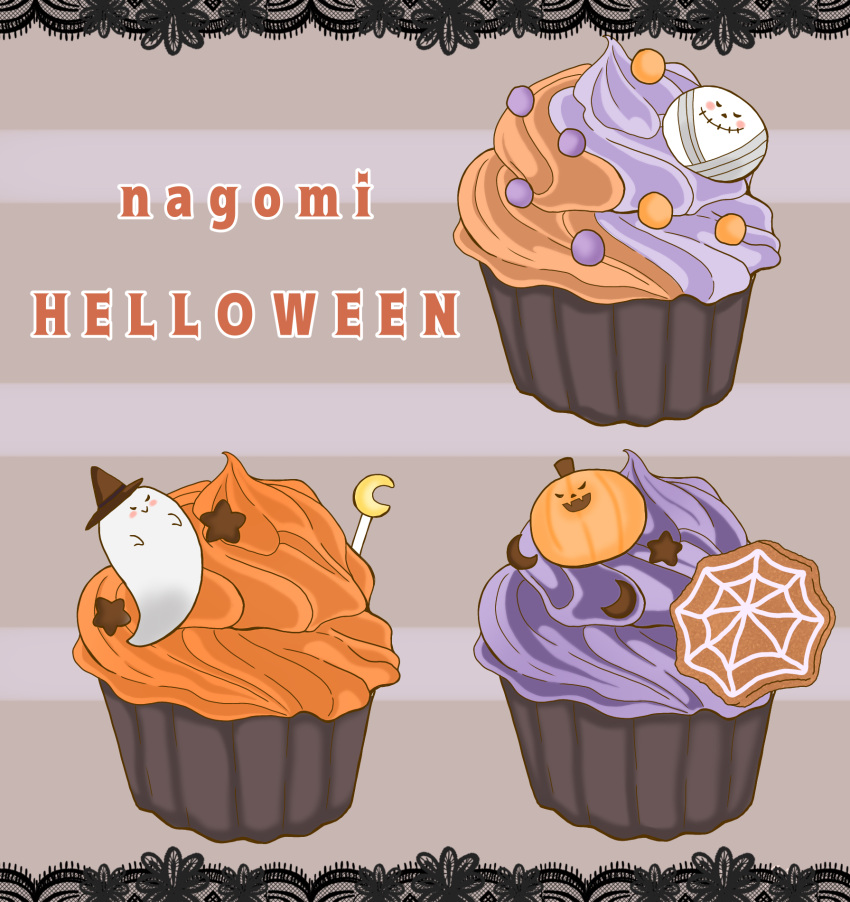 crescent cupcake food food_focus ghost halloween highres icing jack-o'-lantern mikahiro_food no_humans original pastry silk spider_web star_(symbol)