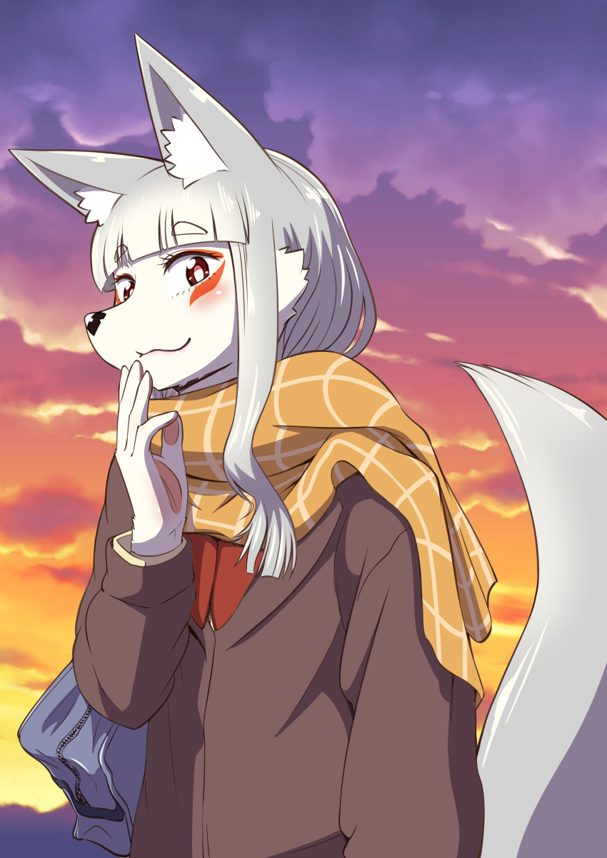 1girl absurdres animal_ear_fluff animal_ears bag brown_coat closed_mouth clouds coat facial_mark fox_ears fox_tail furry furry_female fushimi_tamamo hand_on_own_face highres kitsune long_hair long_sleeves looking_at_viewer neckerchief oinari_jk_tamamo-chan! outdoors pawpads plaid plaid_scarf red_eyes red_neckerchief scarf school_bag sidelocks sky solo sunset tail upper_body white_fur white_hair white_tail yuukiray_(amurotanaka)