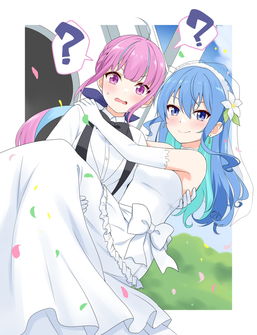 2girls ? absurdres ahoge arms_around_neck blue_eyes blue_hair blush border carrying chestnut_mouth church colored_inner_hair commentary dress elbow_gloves feet_out_of_frame felutiahime flower gloves hair_flower hair_ornament highres hololive hoshimachi_suisei looking_at_viewer minato_aqua multicolored_hair multiple_girls outdoors pink_eyes pink_hair princess_carry spoken_question_mark suit tuxedo upper_body veil virtual_youtuber wedding wedding_dress white_dress white_flower white_gloves white_suit wife_and_wife yuri