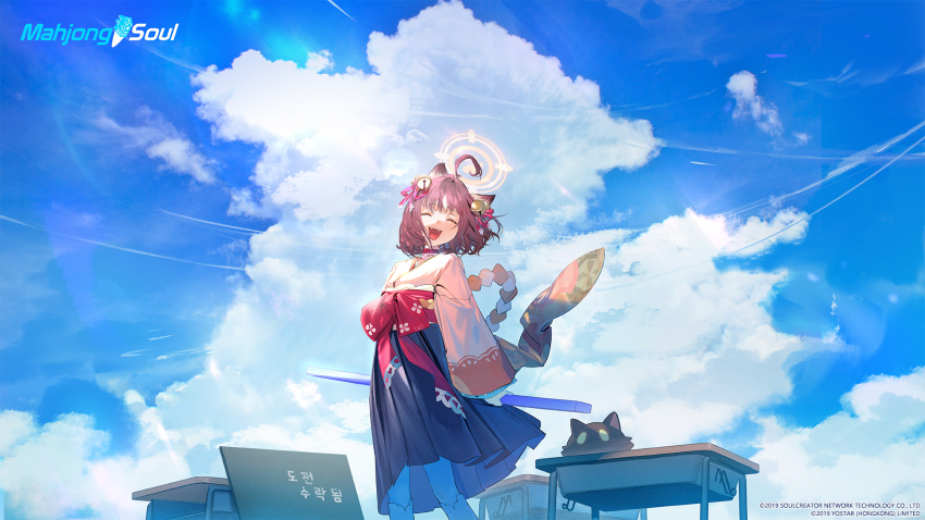 1girl ahoge animal_ears april_fools artist_request bell blue_archive blue_sky cat_ears cat_girl closed_eyes clouds copyright_name crossover day desk hair_bell hair_ornament halo highres holding ichihime japanese_clothes kimono long_sleeves mahjong_soul official_art open_mouth outdoors redhead ribbon school_desk short_hair sky wide_sleeves