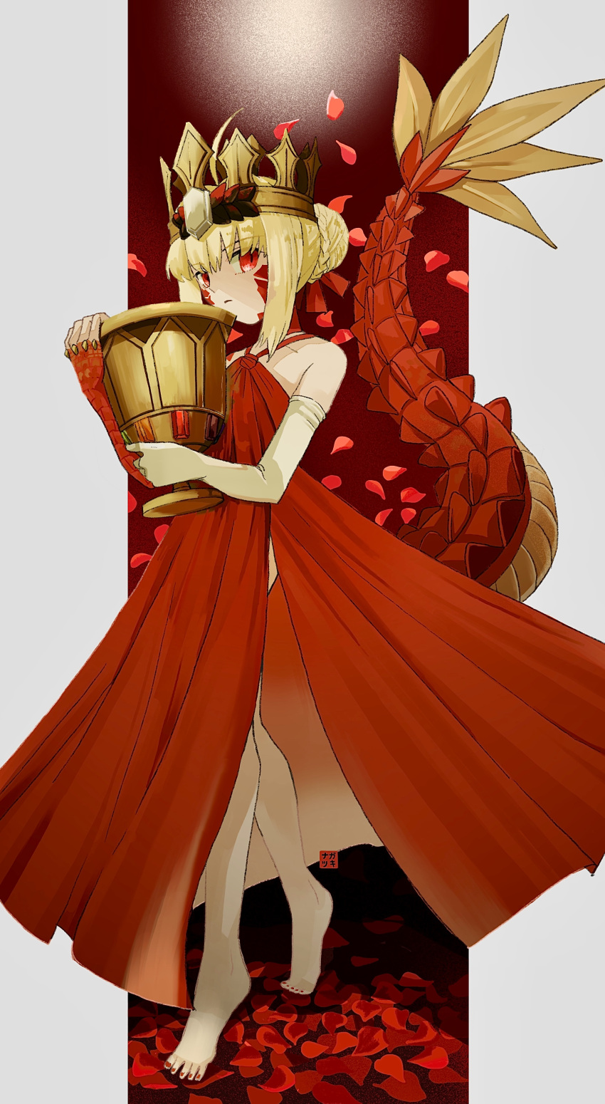 1girl absurdres armored_legwear bare_shoulders blonde_hair braid chalice crown cup dragon_claw dragon_tail dress elbow_gloves facial_mark fate/grand_order fate_(series) french_braid gloves hair_intakes highres holy_grail_(fate) horns long_hair long_horns looking_at_viewer megane_229 nero_claudius_(fate) queen_draco_(fate) queen_draco_(first_ascension)_(fate) red_dress red_eyes red_ribbon ribbon scales single_glove solo tail white_gemstone white_gloves