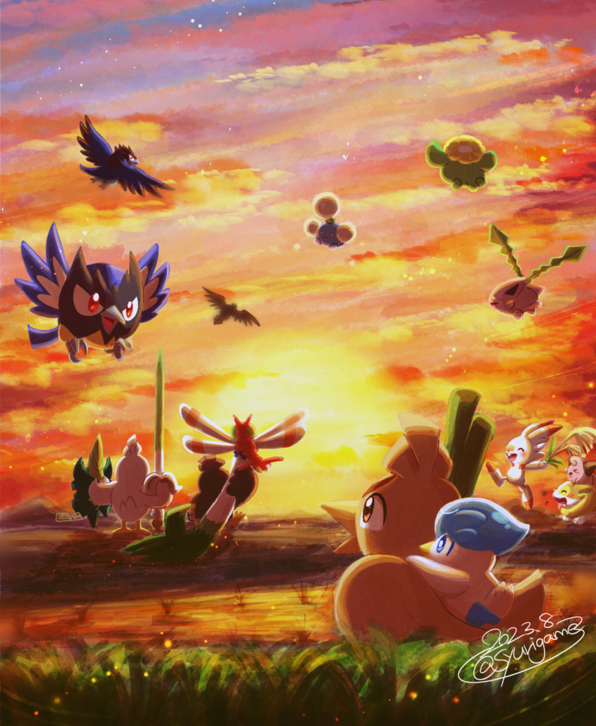 animal_focus bird cleffa clouds corviknight corvisquire facing_away farfetch'd flower flying food galarian_farfetch'd grass highres holding holding_flower holding_food holding_vegetable hoppip jumpluff open_mouth pokemon pokemon_(creature) quaxly red_eyes rookidee scorbunny shuri_(syurigame) signature sirfetch'd skiploom sky spring_onion star_(sky) sunset vegetable yamper yanma