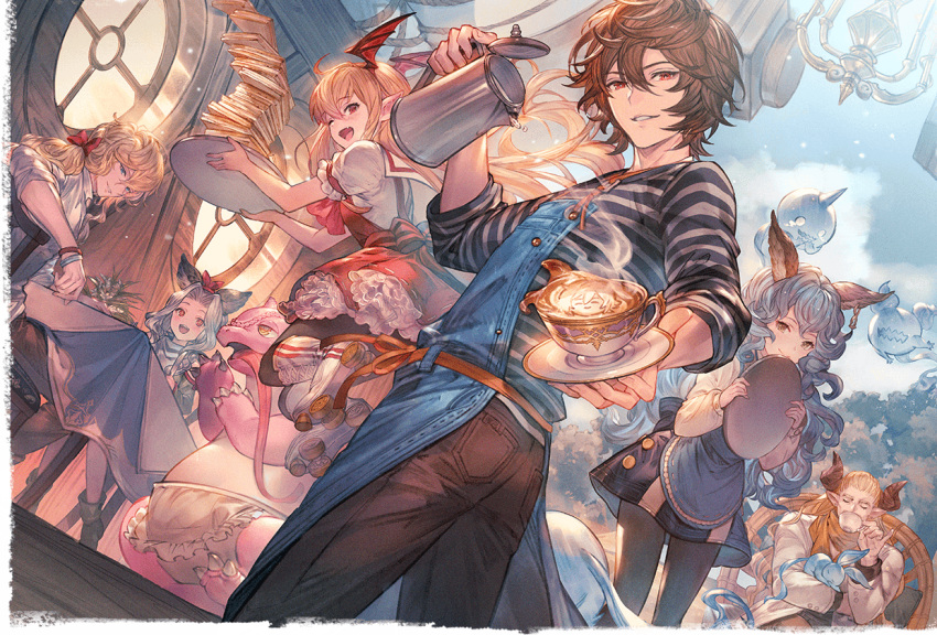 1boy 3boys 3girls absurdly_long_hair ahoge animal_ears apron bishounen blonde_hair blue_apron blue_eyes blue_hair blue_sky boots bow bowtie bracelet brown_hair brown_pants chandelier clouds cloudy_sky coffee cowboy_shot curly_hair denim dress dress_shirt drinking erune ferry_(granblue_fantasy) fox_ears frilled_dress frilled_sleeves frills from_behind fugee_(granblue_fantasy) geegee_(granblue_fantasy) ghost granblue_fantasy grey_hair hair_between_eyes hair_ribbon head_wings holding holding_tray jeans jewelry kettle kitchen_knife ladiva latte_art light_particles light_smile long_hair looking_at_viewer low_ponytail lucifer_(shingeki_no_bahamut) maid_apron malinda_(shingeki_no_bahamut) messy_hair minaba_hideo multiple_boys multiple_girls naoise nicola_(granblue_fantasy) official_alternate_costume official_art on_chair one_eye_closed pants pantyhose pointy_ears red_eyes ribbon roller_skates sandalphon_(granblue_fantasy) scarf scathacha_(granblue_fantasy) shingeki_no_bahamut shirt skates skirt sky smile sparkling_eyes striped_clothes sweater table tray vampy very_long_hair window wings yellow_eyes