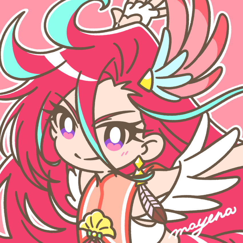 1girl aqua_hair bright_pupils clothing_cutout cure_flamingo earrings feather_earrings feathers fingerless_gloves gloves heart_cutout highres jewelry long_hair looking_at_viewer mayena multicolored_eyes multicolored_hair outline pink_eyes precure red_background redhead single_earring sleeveless smile solo takizawa_asuka tropical-rouge!_precure upper_body very_long_hair violet_eyes white_gloves white_outline white_pupils