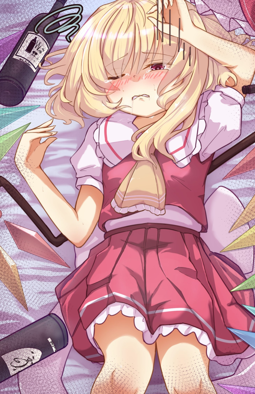 1girl ascot blonde_hair blush bottle cowboy_shot crying crying_with_eyes_open crystal_wings dress drunk flandre_scarlet hand_up highres on_bed one_eye_closed puffy_short_sleeves puffy_sleeves red_dress red_eyes short_sleeves solo taki.a01 tears touhou wine_bottle yellow_ascot