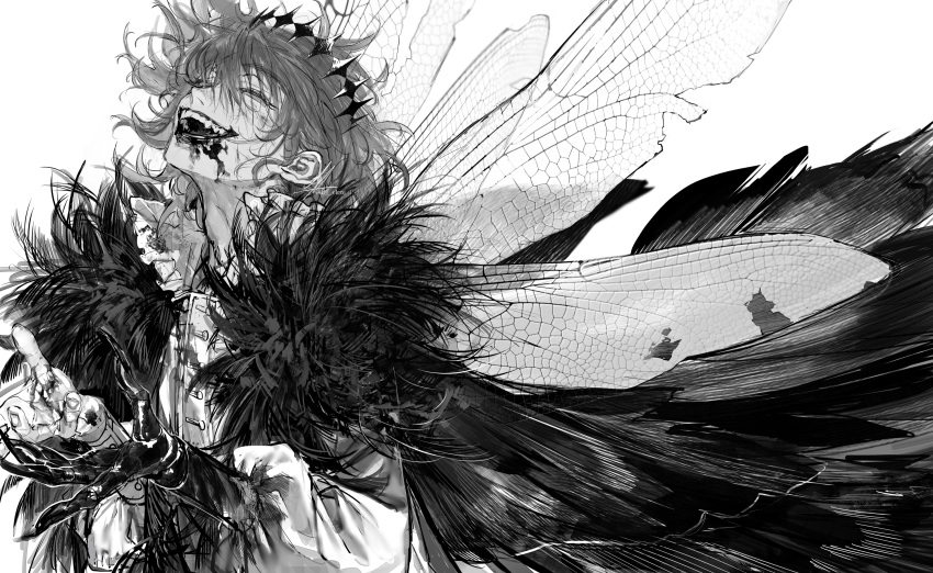 1boy au_(d_elete) black_hands blood blood_on_clothes blood_on_face cape collared_shirt fate/grand_order fate_(series) fingernails from_side fur-trimmed_cape fur_trim greyscale grin hair_between_eyes hair_floating_upwards head_tilt highres insect_wings looking_at_viewer male_focus monochrome oberon_(fate) oberon_(third_ascension)_(fate) open_mouth shirt simple_background smile solo teeth torn_wings upper_body wings