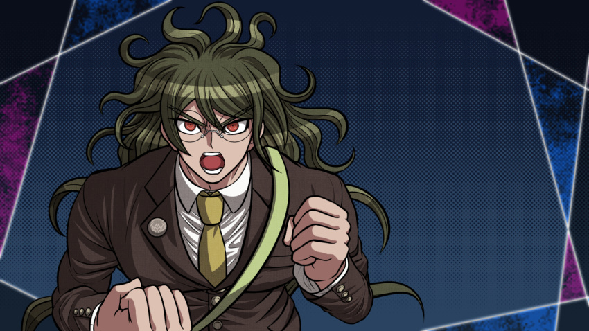 1boy blue_background brown_jacket brown_sleeves buttons clenched_hands collared_jacket collared_shirt danganronpa_(series) danganronpa_v3:_killing_harmony dark-skinned_male dark_skin gokuhara_gonta green_hair green_necktie jacket lapel_pin lapels layered_sleeves long_hair long_sleeves looking_at_viewer male_focus messy_hair necktie notched_lapels official_style open_mouth outside_border parody pocket polka_dot polka_dot_background red_eyes shirt simple_background solo straight-on style_parody teeth thick_eyebrows upper_body v-shaped_eyebrows very_long_hair white_shirt yumaru_(marumarumaru)