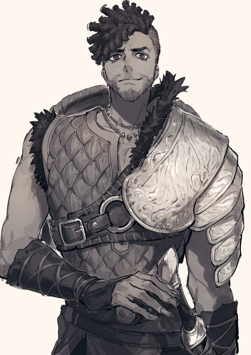 1boy armor beard breastplate closed_mouth cowboy_shot dragon's_dogma_(series) dragon's_dogma_2 facial_hair greyscale hand_up highres looking_at_viewer male_focus monochrome ogata_tomio pauldrons raghnall scale_armor sheath sheathed shield shield_on_back short_hair shoulder_armor simple_background single_pauldron sleeveless smile solo standing sword v-shaped_eyebrows weapon
