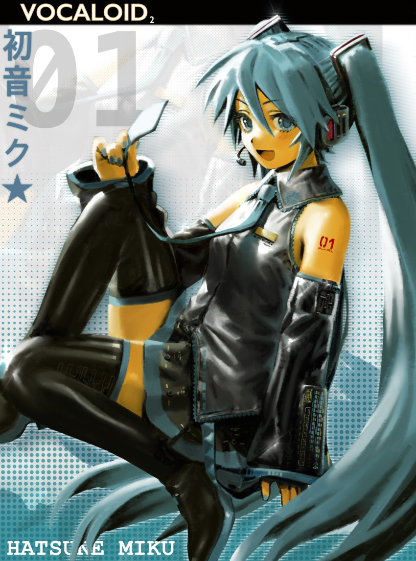 1girl blue_eyes blue_hair boots character_name collared_shirt copyright_name detached_sleeves hair_ornament hatsune_miku headphones headset highres holding_necktie hott0g111 long_hair long_sleeves nail_polish necktie open_mouth shirt skirt sleeveless sleeveless_shirt smile solo thigh_boots twintails very_long_hair vocaloid zoom_layer