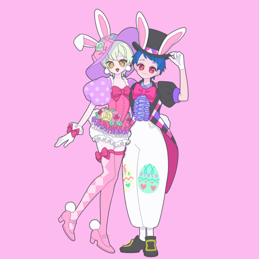 2boys :d animal_ears black_footwear black_jacket blue_hair bow coattails crossdressing earrings easter fake_animal_ears full_body gloves hand_on_headwear highres ichijou_shin jacket jewelry king_of_prism kisaragi_louis looking_at_viewer male_focus multiple_boys nyaasechan open_mouth otoko_no_ko pants pink_background pink_bow pink_footwear pink_thighhighs pom_pom_(clothes) pom_pom_earrings pretty_rhythm pretty_series puffy_short_sleeves puffy_sleeves purple_hat rabbit_ears rabbit_tail red_eyes shirt shoes short_hair short_sleeves shorts simple_background smile standing standing_on_one_leg tail thigh-highs white_gloves white_hair white_pants white_shorts yellow_eyes
