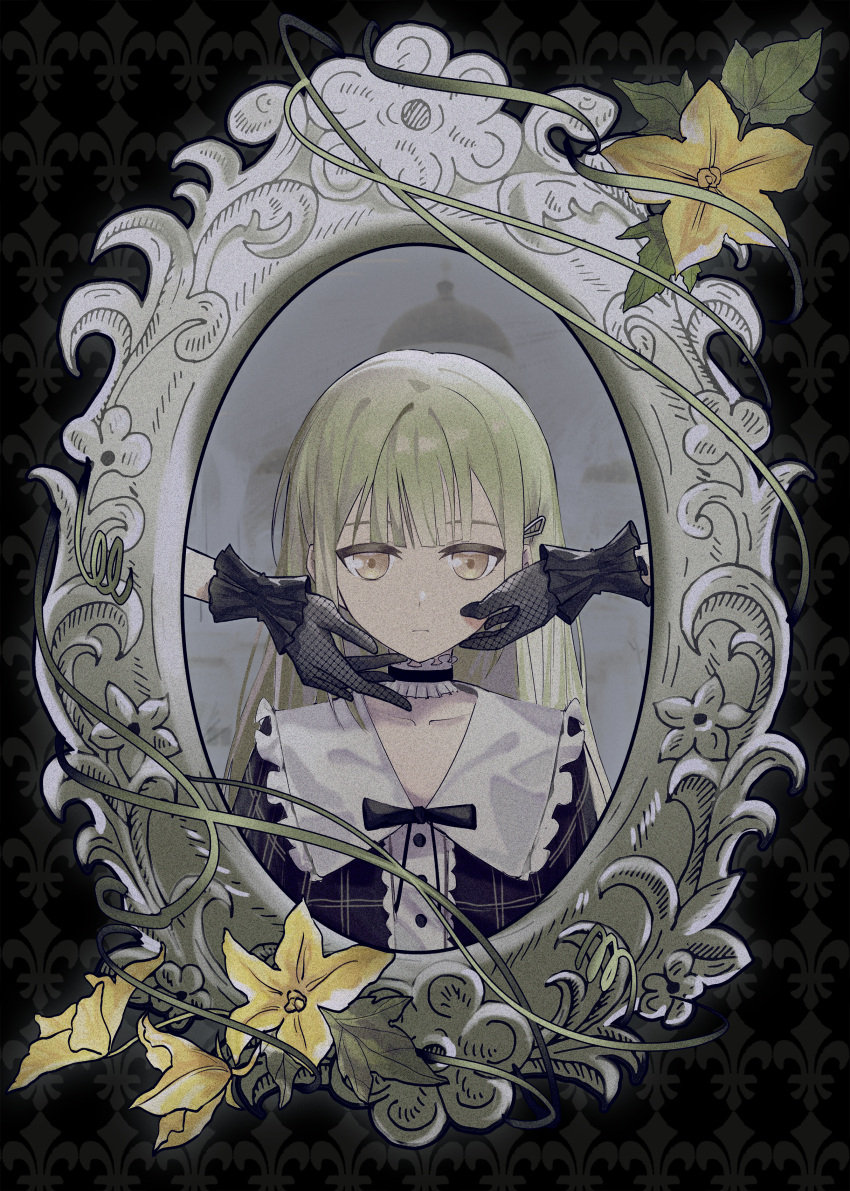 2girls absurdres anli_(jwcpp4sum0mgk5r) bang_dream! bang_dream!_it's_mygo!!!!! black_bow black_bowtie black_choker black_dress black_gloves bow bowtie chinese_commentary choker commentary_request cucumber_flower dress expressionless flower frilled_choker frills gloves green_hair hair_ornament hairclip hands_on_another's_face highres long_hair looking_at_mirror looking_at_viewer mirror multiple_girls togawa_sakiko wakaba_mutsumi yellow_eyes yellow_flower