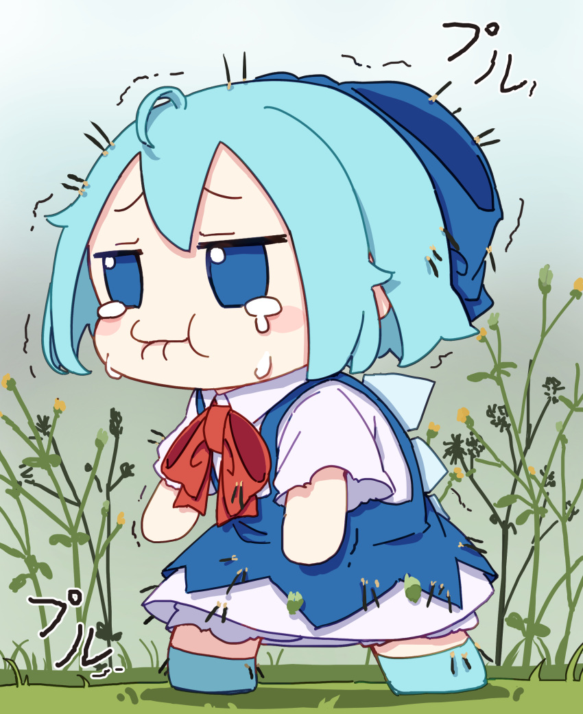 1girl absurdres blue_bow blue_dress blue_eyes blue_footwear blue_hair blush_stickers bow cirno closed_mouth collared_shirt crying crying_with_eyes_open dress fairy full_body fumo_(doll) hair_bow highres ice ice_wings kame_(kamepan44231) shirt shoes short_hair short_sleeves solo tears touhou white_shirt wings