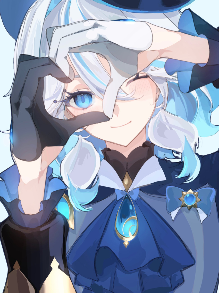 1girl 7go_t asymmetrical_gloves black_gloves blue_background blue_bow blue_hair bow closed_mouth drop-shaped_pupils furina_(genshin_impact) genshin_impact gloves hair_between_eyes half_gloves hands_up heart heart_hands highres long_sleeves looking_at_viewer multicolored_hair one_eye_closed short_hair simple_background smile solo symbol-shaped_pupils upper_body white_gloves white_hair