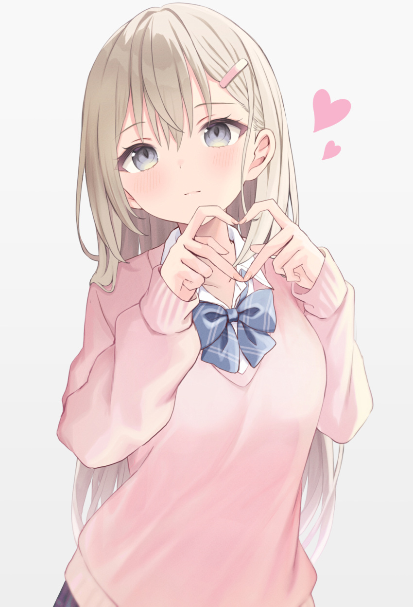 1girl akino_ell blonde_hair blue_bow blue_bowtie blush bow bowtie breasts closed_mouth collarbone collared_shirt commentary dot_nose grey_eyes hair_behind_ear hair_between_eyes hair_ornament hairclip hands_up head_tilt heart heart_hands highres large_breasts light_smile long_hair looking_at_viewer open_collar original pink_sweater plaid plaid_bow plaid_bowtie school_uniform shirt simple_background sleeves_past_wrists solo sweater symbol-only_commentary thick_eyelashes upper_body white_background white_shirt