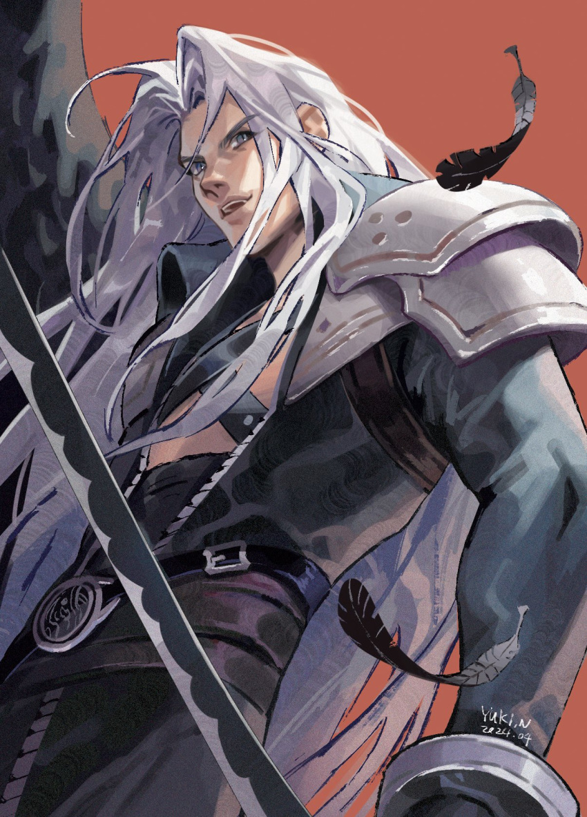 1boy armor artist_name bangle belt_buckle black_coat black_feathers black_wings bracelet buckle chest_strap coat cowboy_shot dated falling_feathers feathered_wings feathers final_fantasy final_fantasy_vii final_fantasy_vii_rebirth final_fantasy_vii_remake grey_eyes grey_hair highres holding holding_sword holding_weapon jewelry katana long_bangs long_hair long_sleeves looking_at_viewer male_focus masamune_(ff7) open_mouth parted_bangs red_background sephiroth shoulder_armor single_wing slit_pupils smile solo sword weapon wings yukinnn
