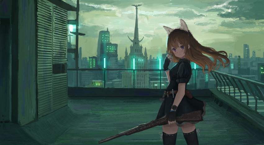1girl ame_sagari animal_ear_fluff animal_ears black_dress black_gloves black_sleeves black_thighhighs brown_hair cat_ears city closed_mouth clouds cloudy_sky collared_dress commentary day dress fingerless_gloves gloves gun hair_lift holding holding_gun holding_weapon light_blush light_smile long_hair looking_at_viewer original puffy_short_sleeves puffy_sleeves railing ribbon ribbon-trimmed_thighhighs ribbon_legwear ribbon_trim rooftop short_dress short_sleeves shotgun sky thigh-highs violet_eyes weapon white_ribbon wind wind_lift