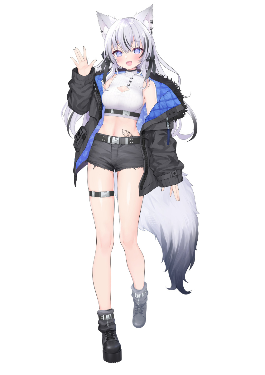 1girl :d absurdres animal_ear_fluff animal_ears belt black_belt black_footwear black_hair black_jacket black_shorts blue_eyes breast_cutout breasts cleavage_cutout clothing_cutout crop_top fangs full_body fushimi_sameta highres indie_virtual_youtuber jacket long_hair long_sleeves looking_at_viewer medium_breasts midriff mochita_ren multicolored_hair navel off_shoulder open_clothes open_jacket open_mouth short_shorts shorts smile standing stomach stomach_tattoo streaked_hair tail tattoo two-tone_hair virtual_youtuber white_hair wolf_ears wolf_girl wolf_tail