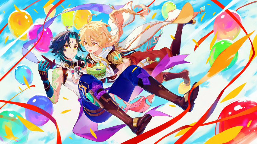 2boys absurdres aether_(genshin_impact) ahoge aqua_hair arm_armor arm_tattoo armor baggy_pants balloon blonde_hair blue_gloves blue_hair blue_pants blue_sky boots braid brown_footwear brown_gloves brown_pants brown_shirt cake carrying clouds cloudy_sky confetti dark_blue_hair detached_sleeves diamond-shaped_pupils diamond_(shape) earrings eyeshadow facial_mark fcc_(fengcheche) flying food forehead_mark genshin_impact gloves gold_trim hair_between_eyes hand_up highres holding holding_plate jewelry leg_up long_hair long_sleeves looking_at_another makeup male_focus mandarin_collar multicolored_hair multiple_boys necklace open_mouth orange_eyes pants pearl_necklace plate princess_carry red_eyeshadow scarf shirt short_hair short_sleeves shoulder_armor single_bare_shoulder single_detached_sleeve single_earring sky sleeveless sleeveless_shirt symbol-shaped_pupils tape tassel tattoo two-tone_hair white_scarf white_shirt wide_sleeves xiao_(genshin_impact) yellow_eyes