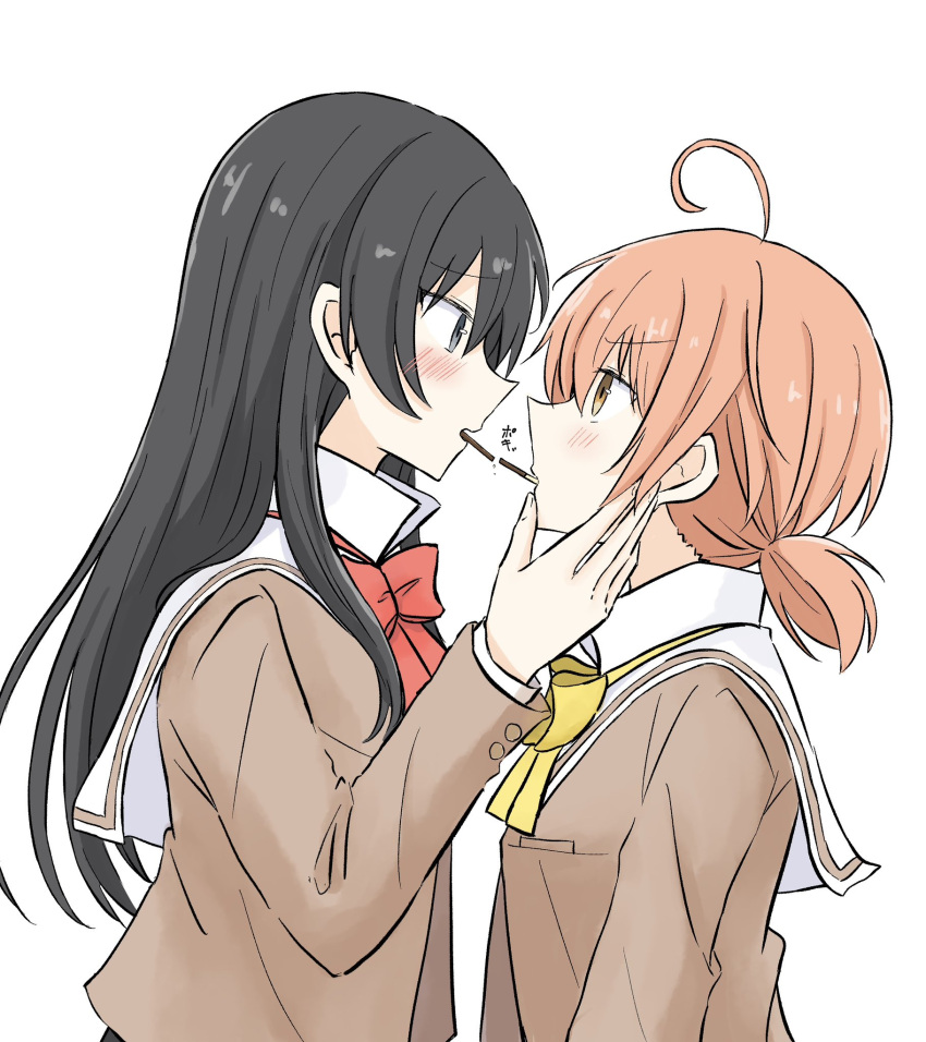 2girls ahoge black_hair blush bow bowtie brown_eyes brown_shirt commentary_request eye_contact food from_side grey_eyes hand_on_another's_face highres koito_yuu long_hair long_sleeves looking_at_another multiple_girls nanami_touko nemu1423 orange_hair pocky pocky_kiss profile red_bow red_bowtie sailor_collar school_uniform serafuku shirt short_twintails simple_background tohmi_higashi_high_school_uniform twintails upper_body white_background white_sailor_collar yagate_kimi_ni_naru yellow_bow yellow_bowtie yuri