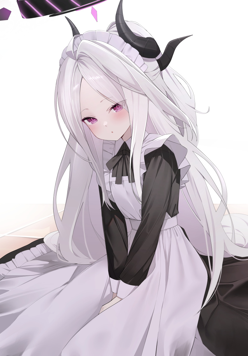1girl absurdres alternate_costume apron black_dress black_horns blue_archive blush demon_horns dress enmaided grey_hair halo highres hina_(blue_archive) horns long_hair long_sleeves looking_at_viewer maid maid_apron maid_headdress multiple_horns parted_lips solo very_long_hair violet_eyes white_apron yuuki02