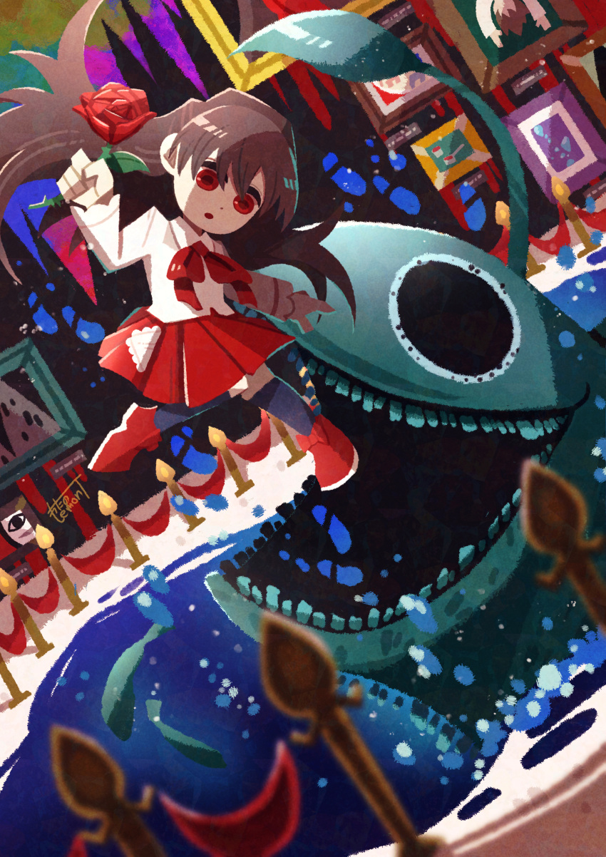 1girl :o absurdres anglerfish art_gallery black_thighhighs bow brown_hair dot_nose fish flower footwear_bow from_side highres holding holding_flower ib_(ib) ib_(kouri) indoors long_hair long_sleeves monster neckerchief open_mouth painting_(object) red_eyes red_flower red_footwear red_neckerchief red_rose red_skirt rose scenery shirt signature skirt stanchion thigh-highs watawata22 water white_shirt wide_shot